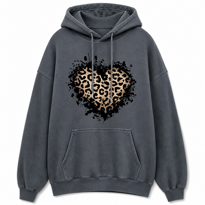 Women's Casual Fleece Hoodie with Leopard Heart Graphic and Kangaroo Pocket