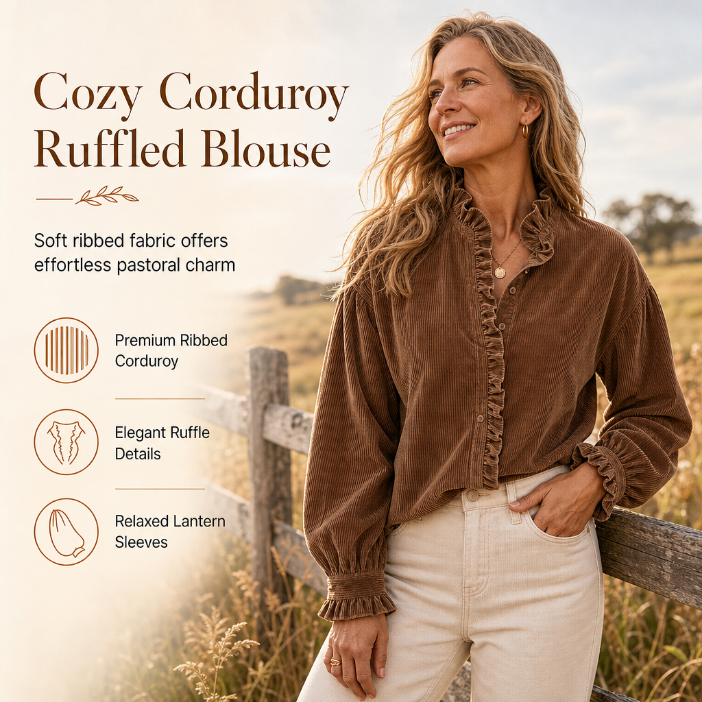 Women's Vintage Corduroy Blouse with Ruffle Collar and Long Lantern Sleeves