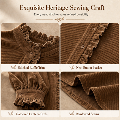 Women's Vintage Corduroy Blouse with Ruffle Collar and Long Lantern Sleeves