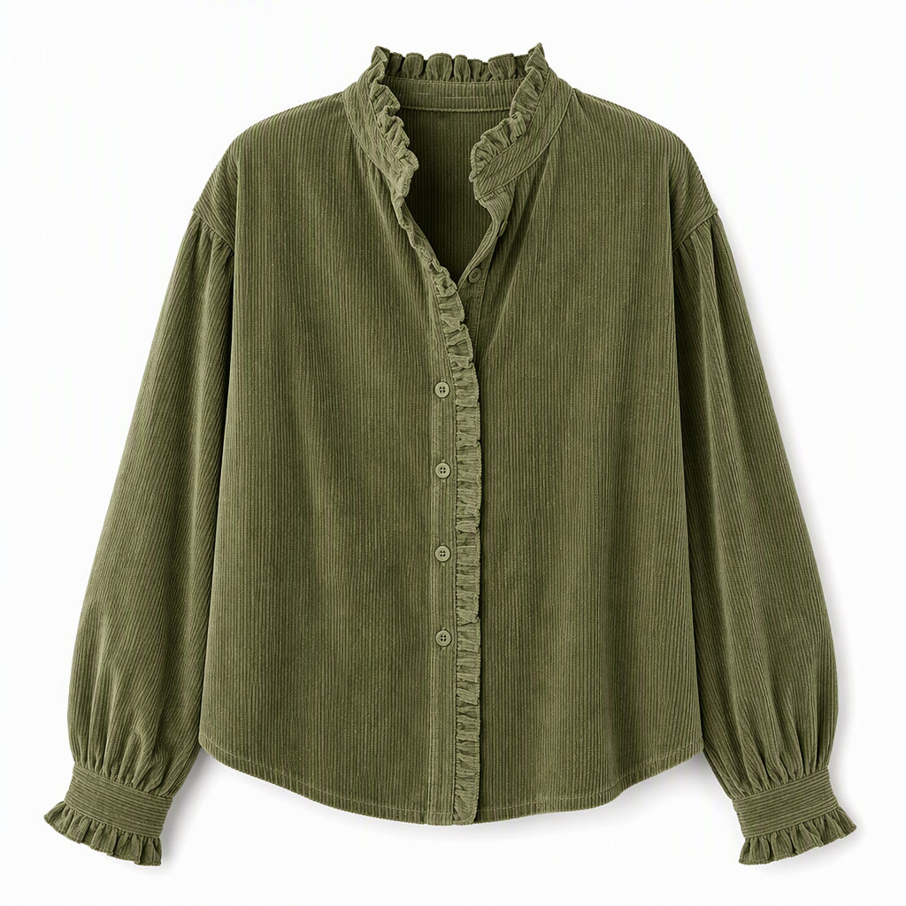 Women's Vintage Corduroy Blouse with Ruffle Collar and Long Lantern Sleeves