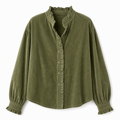 Women's Vintage Corduroy Blouse with Ruffle Collar and Long Lantern Sleeves