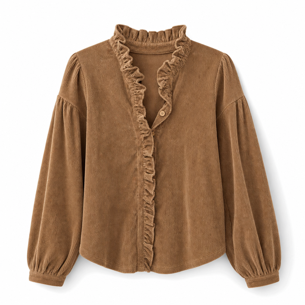 Women's Vintage Corduroy Blouse with Ruffle Collar and Long Lantern Sleeves