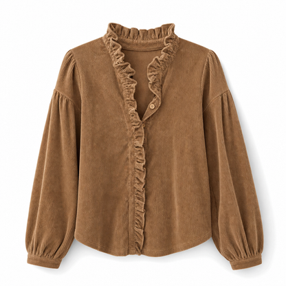 Women's Vintage Corduroy Blouse with Ruffle Collar and Long Lantern Sleeves