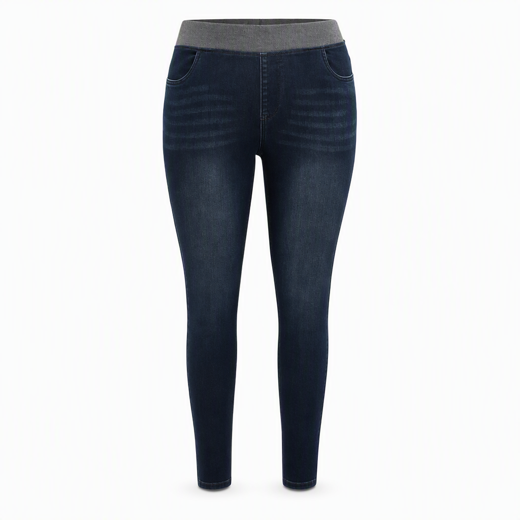 Women's High-Rise Pull-On Slim Fit Dark Wash Denim Jeans with Wide Elastic Waistband