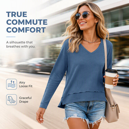 💖 Flattering V-Neck, Effortless Fit | Women's Loose Long-Sleeve Top