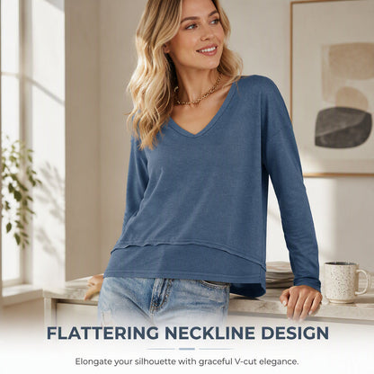 💖 Flattering V-Neck, Effortless Fit | Women's Loose Long-Sleeve Top