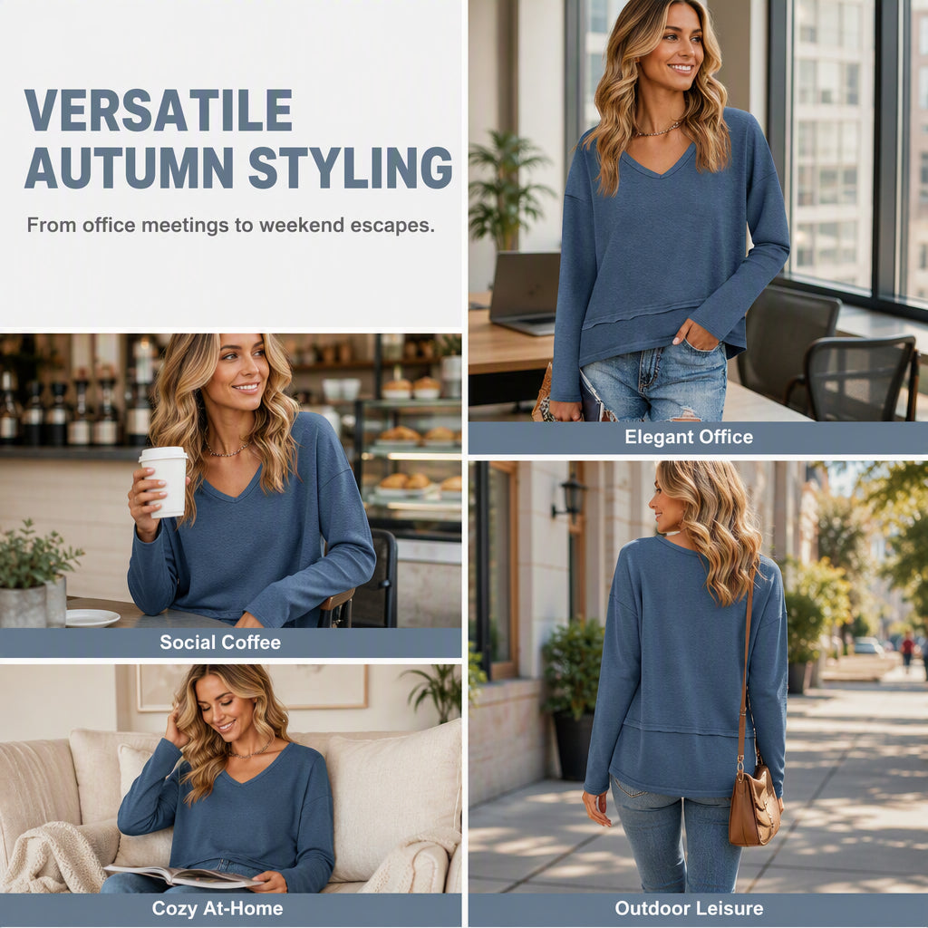 💖 Flattering V-Neck, Effortless Fit | Women's Loose Long-Sleeve Top