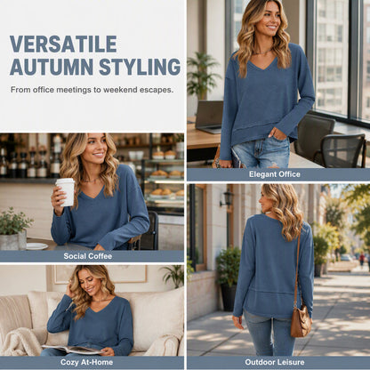💖 Flattering V-Neck, Effortless Fit | Women's Loose Long-Sleeve Top