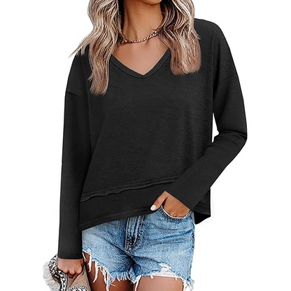 💖 Flattering V-Neck, Effortless Fit | Women's Loose Long-Sleeve Top