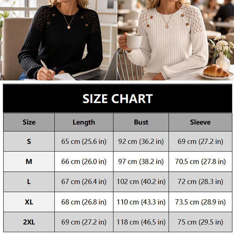 🖤 🌸 Lace Detail, Easy Elegance | Women's Ribbed Knit Patchwork Long-Sleeve Top