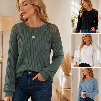 🖤 🌸 Lace Detail, Easy Elegance | Women's Ribbed Knit Patchwork Long-Sleeve Top