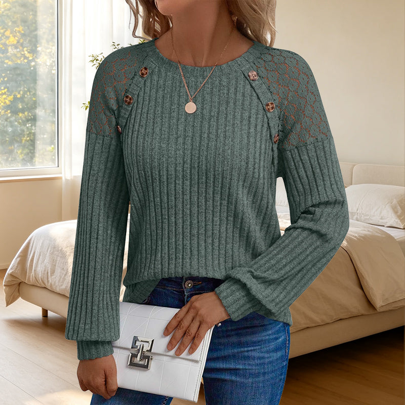 🖤 🌸 Lace Detail, Easy Elegance | Women's Ribbed Knit Patchwork Long-Sleeve Top
