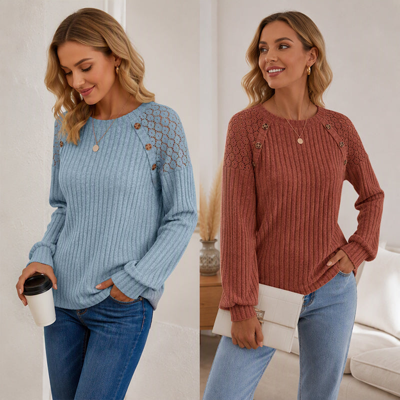 🖤 🌸 Lace Detail, Easy Elegance | Women's Ribbed Knit Patchwork Long-Sleeve Top