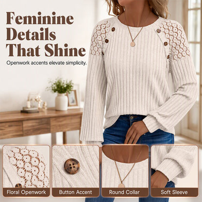 🖤 🌸 Lace Detail, Easy Elegance | Women's Ribbed Knit Patchwork Long-Sleeve Top