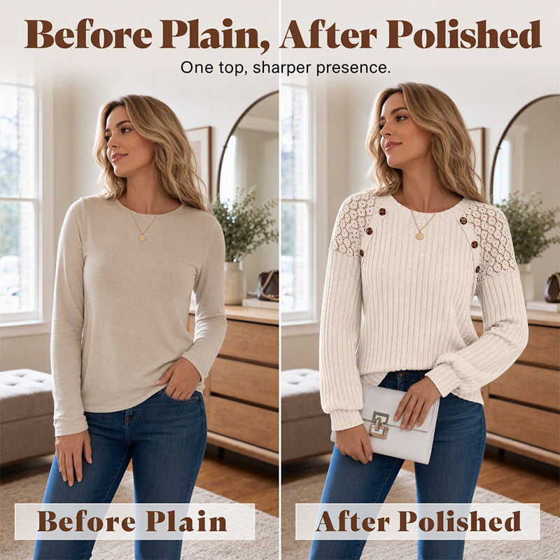 🖤 🌸 Lace Detail, Easy Elegance | Women's Ribbed Knit Patchwork Long-Sleeve Top