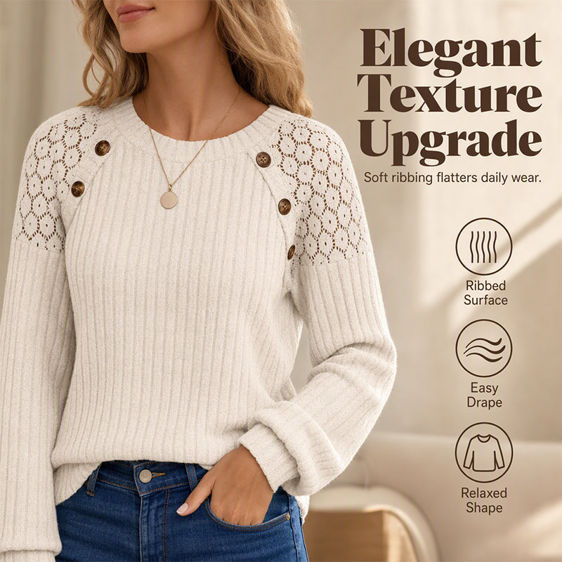 🖤 🌸 Lace Detail, Easy Elegance | Women's Ribbed Knit Patchwork Long-Sleeve Top