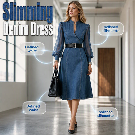 💖50% off!💖 👗 Cinched Waist, Sheer Sleeve Detail | Women's Slimming Denim Dress