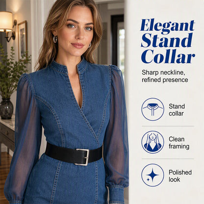 💖50% off!💖 👗 Cinched Waist, Sheer Sleeve Detail | Women's Slimming Denim Dress