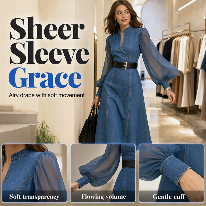 💖50% off!💖 👗 Cinched Waist, Sheer Sleeve Detail | Women's Slimming Denim Dress