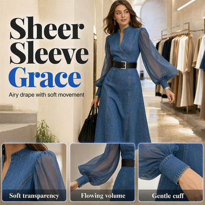 💖50% off!💖 👗 Cinched Waist, Sheer Sleeve Detail | Women's Slimming Denim Dress