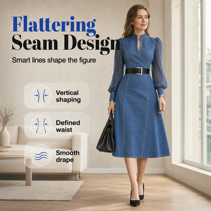 💖50% off!💖 👗 Cinched Waist, Sheer Sleeve Detail | Women's Slimming Denim Dress