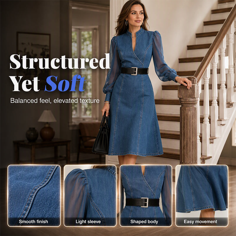 💖50% off!💖 👗 Cinched Waist, Sheer Sleeve Detail | Women's Slimming Denim Dress