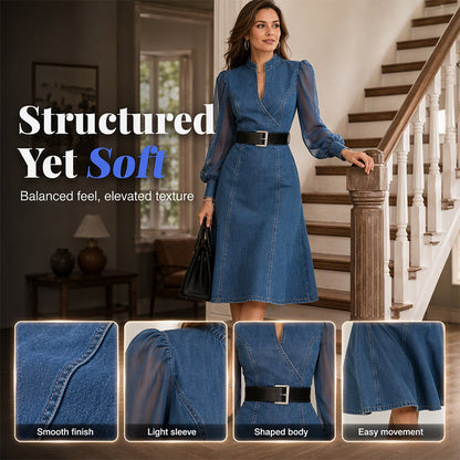 💖50% off!💖 👗 Cinched Waist, Sheer Sleeve Detail | Women's Slimming Denim Dress