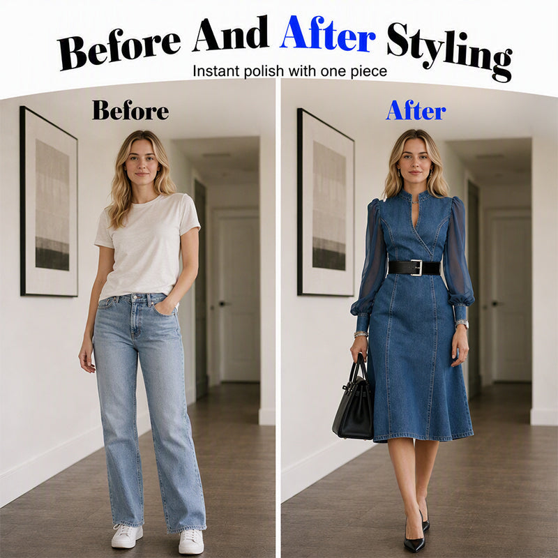 💖50% off!💖 👗 Cinched Waist, Sheer Sleeve Detail | Women's Slimming Denim Dress