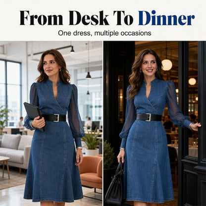 💖50% off!💖 👗 Cinched Waist, Sheer Sleeve Detail | Women's Slimming Denim Dress