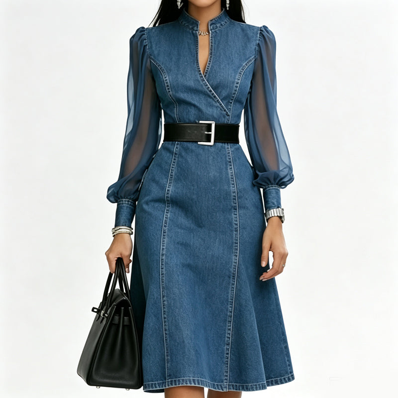 💖50% off!💖 👗 Cinched Waist, Sheer Sleeve Detail | Women's Slimming Denim Dress