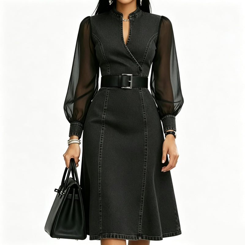💖50% off!💖 👗 Cinched Waist, Sheer Sleeve Detail | Women's Slimming Denim Dress