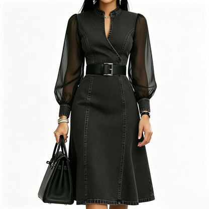 💖50% off!💖 👗 Cinched Waist, Sheer Sleeve Detail | Women's Slimming Denim Dress