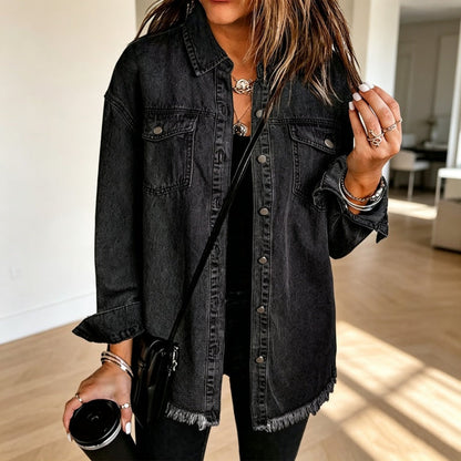 50% off!💖 👚Women's Raw Edge Ripped Denim Jacket – Street Fashion, Multiple Pockets & Easy to Pair ✨