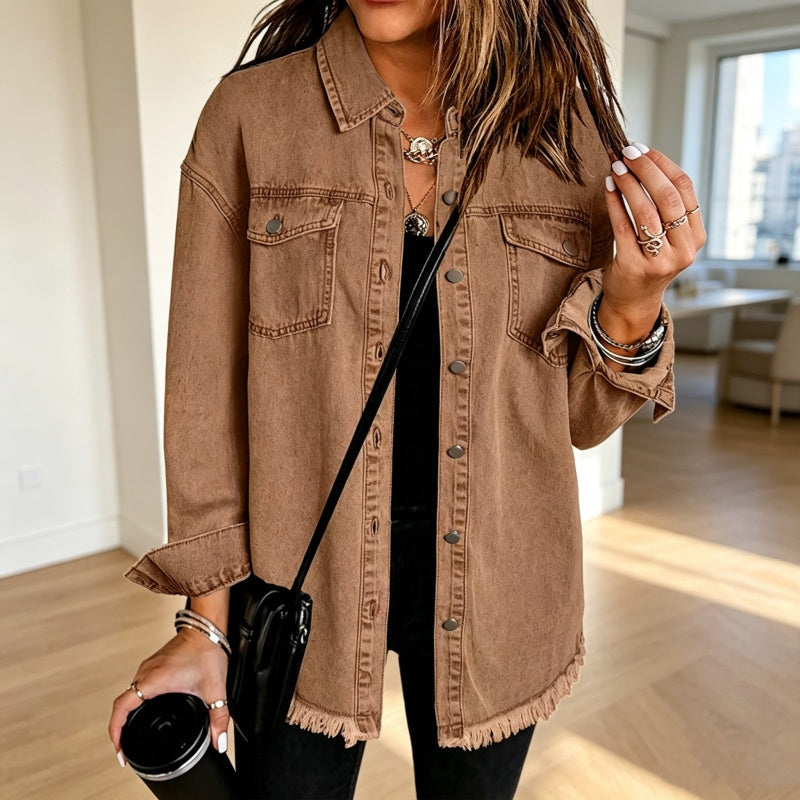 50% off!💖 👚Women's Raw Edge Ripped Denim Jacket – Street Fashion, Multiple Pockets & Easy to Pair ✨