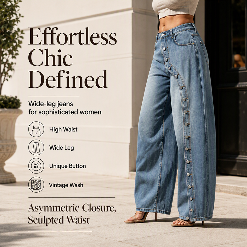 Women's Vintage Side Button Wide-Leg Jeans