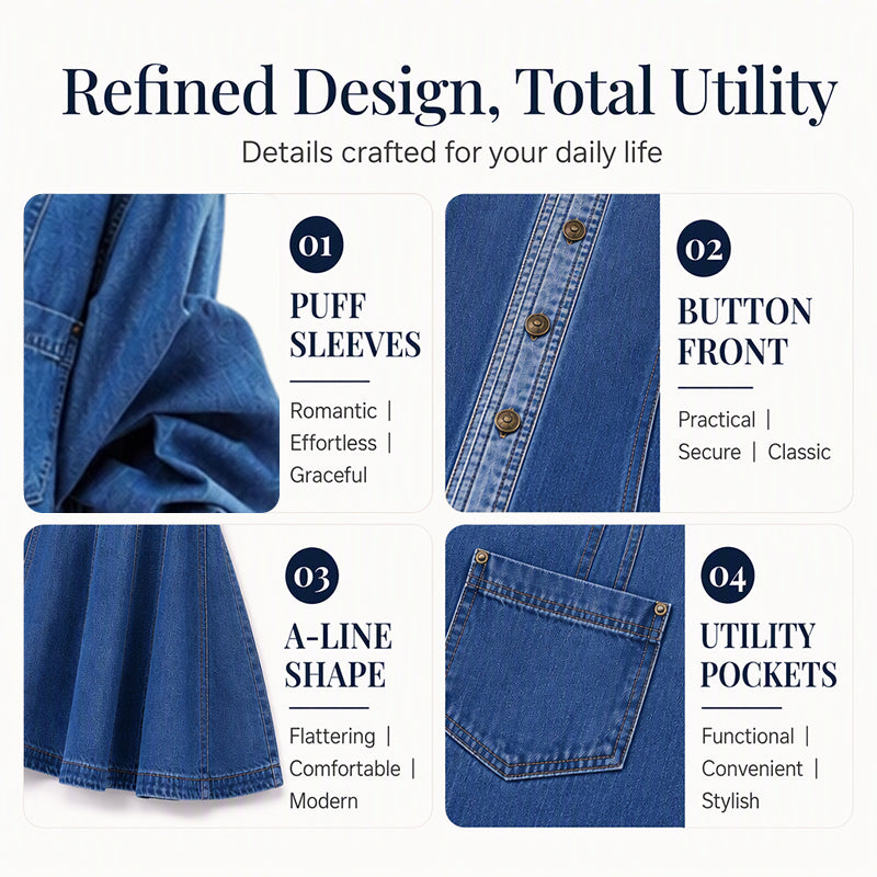 👗Waist-Defining, Comfortable Fit✨ Women's Lantern Sleeve Denim Dress – Cinched Waist & Comfortable Fabric | Flattering Silhouette ✨