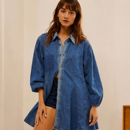 👗Waist-Defining, Comfortable Fit✨ Women's Lantern Sleeve Denim Dress – Cinched Waist & Comfortable Fabric | Flattering Silhouette ✨