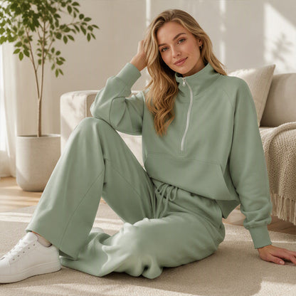 ☁️Relaxed & Cozy, Loungewear Comfort🧶 Women's Lounge Set – Half-Zip Top & Wide-Leg Pants, Soft & Easy ✨