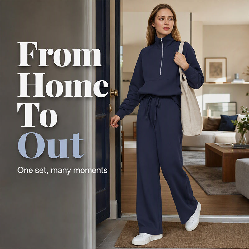 ☁️Relaxed & Cozy, Loungewear Comfort🧶 Women's Lounge Set – Half-Zip Top & Wide-Leg Pants, Soft & Easy ✨