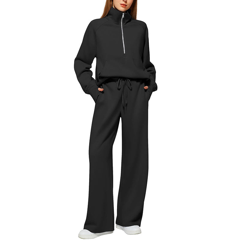 ☁️Relaxed & Cozy, Loungewear Comfort🧶 Women's Lounge Set – Half-Zip Top & Wide-Leg Pants, Soft & Easy ✨