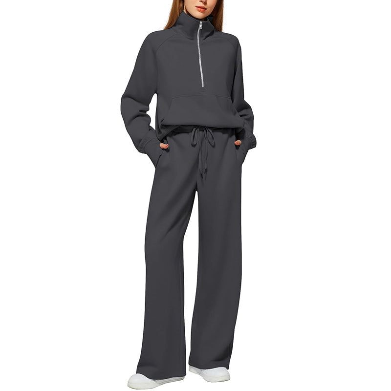 ☁️Relaxed & Cozy, Loungewear Comfort🧶 Women's Lounge Set – Half-Zip Top & Wide-Leg Pants, Soft & Easy ✨
