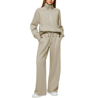 ☁️Relaxed & Cozy, Loungewear Comfort🧶 Women's Lounge Set – Half-Zip Top & Wide-Leg Pants, Soft & Easy ✨