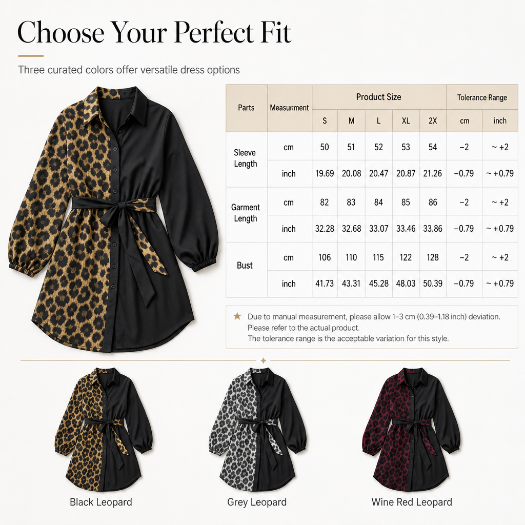 🖤 🐆Women's Leopard Print Contrast Patchwork Long Sleeve Shirt Mini Dress with Belt