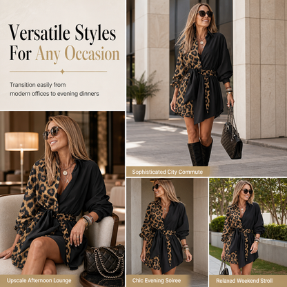🖤 🐆Women's Leopard Print Contrast Patchwork Long Sleeve Shirt Mini Dress with Belt