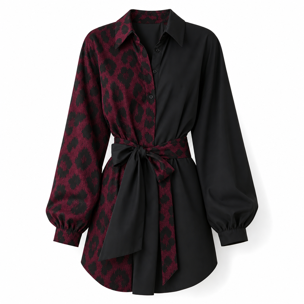 🖤 🐆Women's Leopard Print Contrast Patchwork Long Sleeve Shirt Mini Dress with Belt