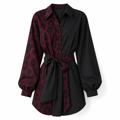 🖤 🐆Women's Leopard Print Contrast Patchwork Long Sleeve Shirt Mini Dress with Belt