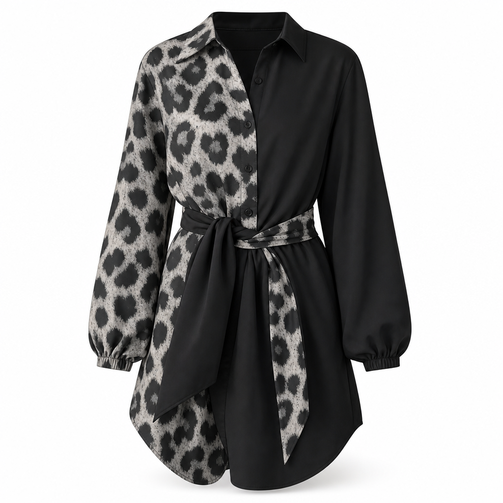 🖤 🐆Women's Leopard Print Contrast Patchwork Long Sleeve Shirt Mini Dress with Belt