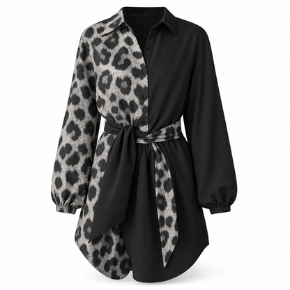 🖤 🐆Women's Leopard Print Contrast Patchwork Long Sleeve Shirt Mini Dress with Belt