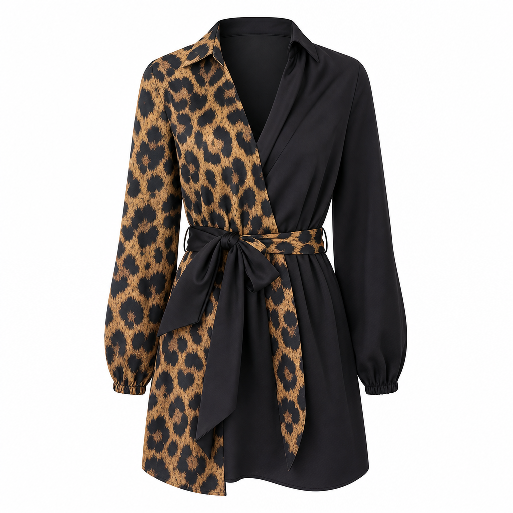 🖤 🐆Women's Leopard Print Contrast Patchwork Long Sleeve Shirt Mini Dress with Belt