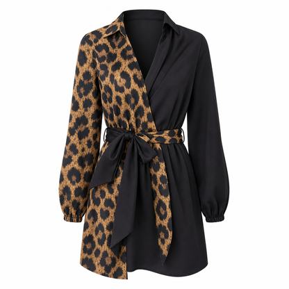 🖤 🐆Women's Leopard Print Contrast Patchwork Long Sleeve Shirt Mini Dress with Belt